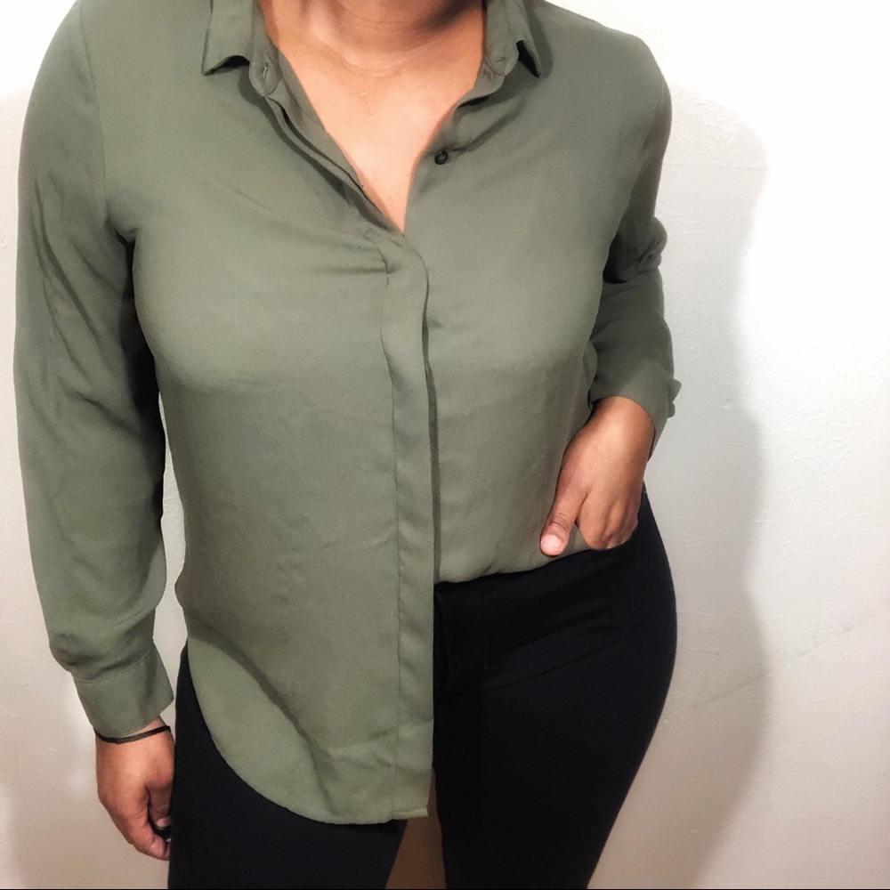 Olive Green Chiffon Blouse Long Sleeve size Large